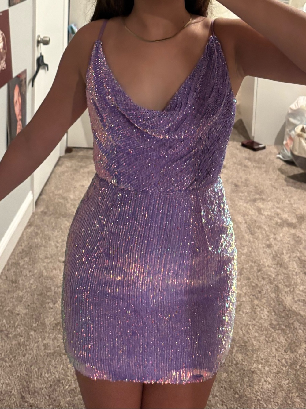 Sparkling Lilac Sequin Cowl Neck Mini Dress